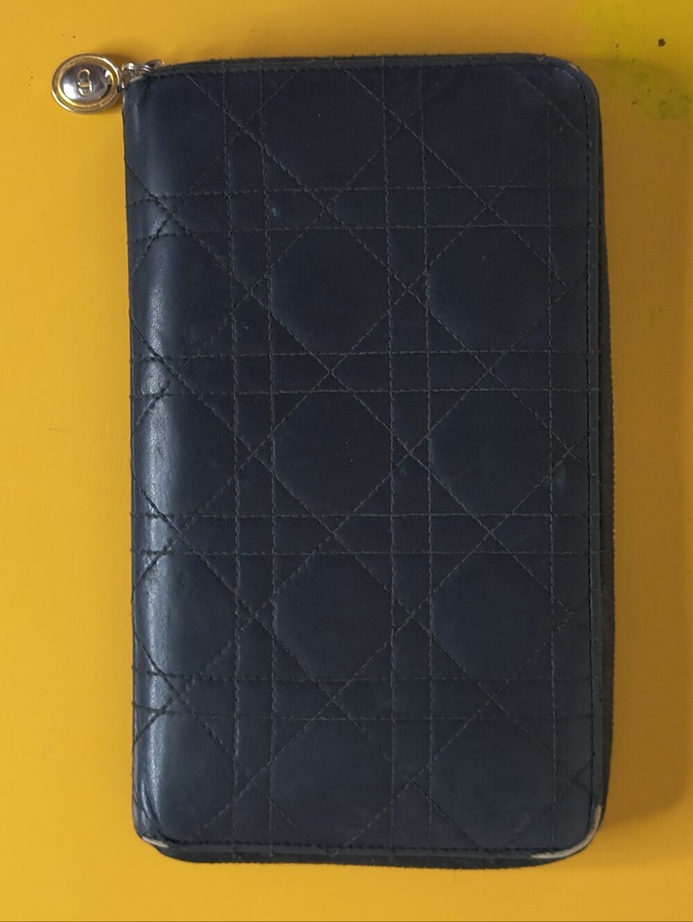Christian Dior Cannage Black Leather Zip Around Wallet Organizer CD Red Monogram